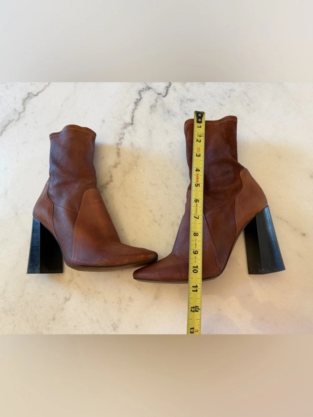Brown Leather Ankle Boots Block Heel Pointed Toe Booties Chic Minimalist Style